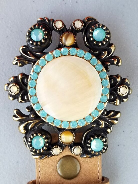 VTG Leatherock Gemmed Belt, Stunning Brass Buckle real Baby Blue stones Floral main image 11